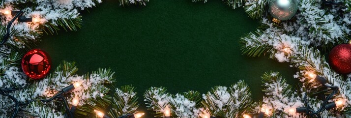 Wall Mural - Christmas baubles glass balls and pine branches. Horizontal banner web poster, header for website minimal design. Xmas holiday background. Festive border