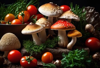 Wall Mural - close vibrant mushroom surrounded colorful culinary ingredients showcasing rich textures natural beauty, colors, food, fresh, healthy, gourmet, organic