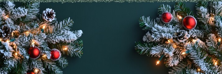 Wall Mural - Christmas baubles glass balls and pine branches. Horizontal banner web poster, header for website minimal design. Xmas holiday background. Festive border