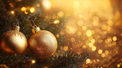 Wall Mural - Christmas background with golden baubles and bokeh lights, copy space