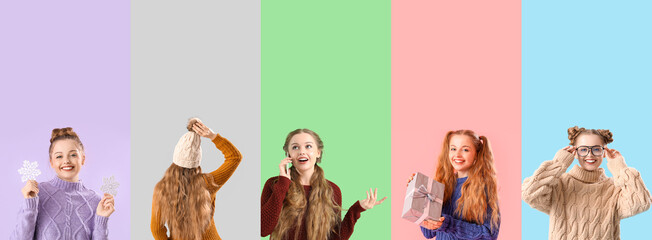 Sticker - Collage of stylish young woman in sweaters on color background