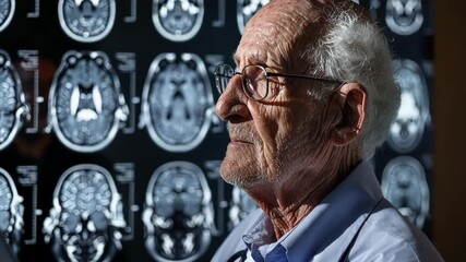 Poster - Senior doctor looking at brain scan images, possibly reflecting on the complexities of the human mind and neurological health in old age