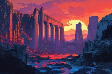 Wall Mural - Ruined Ancient Structure Under a Sunset Sky