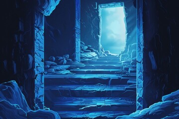 Wall Mural - A pathway of blue stone leads to a glowing light at the end of a dark cavern