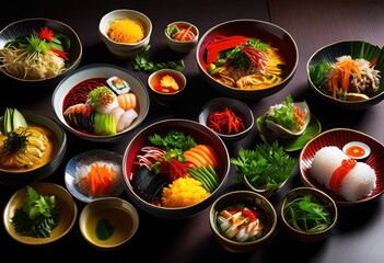 colorful vibrant bowls delicious asian cuisine artfully arranged fresh ingredients exquisite presentation, food, colors, culinary, style, flavor, profile