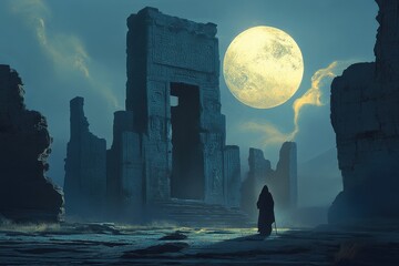 Wall Mural - A Solitary Figure Stands Before Ancient Ruins Under a Full Moon