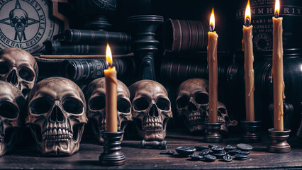 Candlelit Skulls and Ancient Tomes in a Dark Ritual Setting, Generative Ai