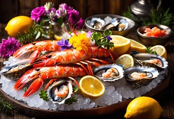 Wall Mural - vibrant seafood selection featuring colorful decorations artful presentation appealing culinary experience, appetizer, arrangement, attraction, beautiful