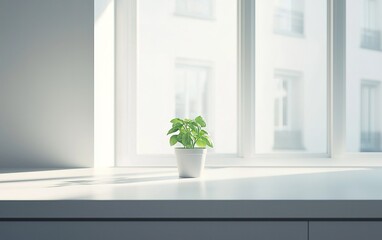 Fresh green plant in a simple pot sitting on a countertop near bright window during daylight