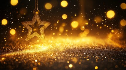 Wall Mural - Golden Christmas star on bokeh background. gold and black.