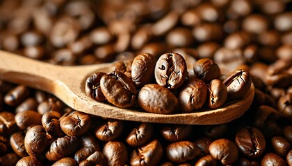 Artisanal Coffee Experience: Close-Up of Coffee Beans in Wooden Scoop Surrounded by Rich Pile of Beans