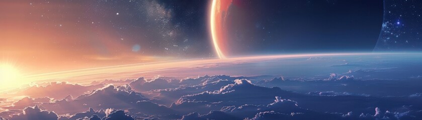Wall Mural - Breathtaking view of a distant planets horizon with a glowing atmosphere and a starry sky