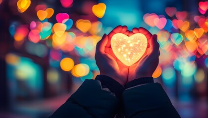 Wall Mural - Glowing heart-shaped light held in hands against a vibrant city backdrop, enchanting bokeh lights enhancing the magical nighttime scene.