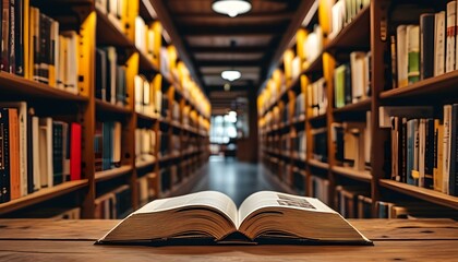 Wall Mural - Scholarly ambiance of an open book on a wooden table amidst towering library shelves filled with literature