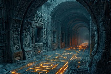 Wall Mural - An ancient stone corridor illuminated by glowing orange lines leads into the depths of a mysterious and dark world