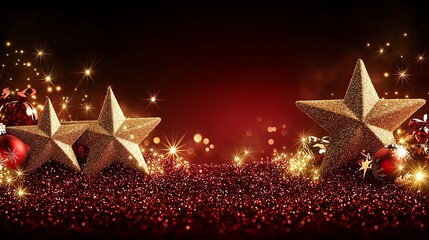 Wall Mural - Christmas background with golden stars and red baubles with place, copy space for text.