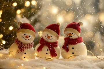 A delightful group of three snowmen wearing red hats and scarves, surrounded by twinkling lights in a snowy winter landscape, capturing the joy and warmth of the holiday season.