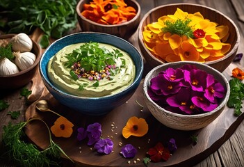 colorful vegan dip served rustic wooden tabletop fresh ingredients garnishes delicious plant based snack, appetizer, healthy, vegetable, creamy, spicy