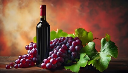 Elegant red wine bottle accompanied by fresh, juicy red grapes