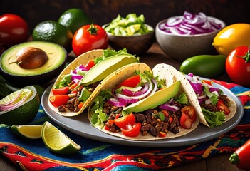 Wall Mural - vibrant arrangement fresh taco ingredients displayed colorful fabric background, tomatoes, lettuce, cheese, tortillas, cilantro, onion, jalapenos, peppers