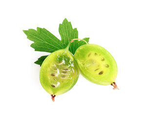 Wall Mural - Halves of fresh gooseberry and leaf on white background