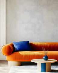 Wall Mural - Japandi, minimalist interior design of modern living room. with orange sofa and blue pillow against mock up empty wall with copy space.