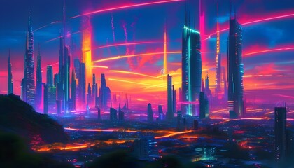 Wall Mural - Neon-lit future cityscape with soaring high-rise buildings and vibrant urban energy