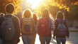 © SKIMP Art - A group of high school students walking to class with backpacks, the sun shining on their backs, shot from behind  Generative AI