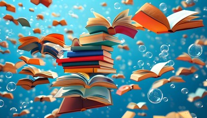 Vibrant stack of books surrounded by whimsical floating bubbles on a cheerful blue backdrop, evoking a sense of playfulness and learning