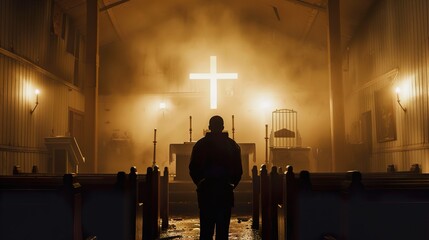 A Silhouette of Faith: A Man Praying in a Church