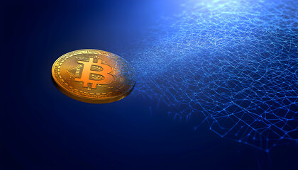 Golden Bitcoin coin floating above a blue digital network.