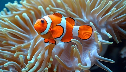 vibrant clownfish swimming among colorful sea anemones in a coral reef ecosystem