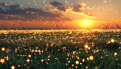 Wall Mural - Magical sunset scene with golden stars softly falling onto lush grass, evoking wonder and a sense of fantasy