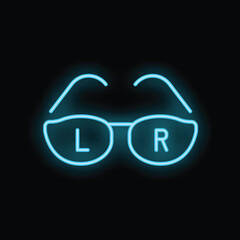 Neon blue eyeglass icon glowing on a black background, perfect for conveying concepts of vision care and optometry