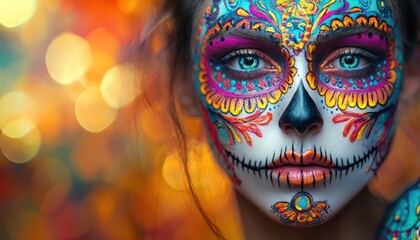 Colorful Day of the Dead makeup on a woman's face, looking at the camera.