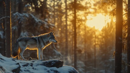 Dramatic cinematic panorama image of a wolf in the woods featuring a wild predator animal posing in a deep woodland, rocky, scenic, and harsh Nordic environment space under a winter's chilly sun