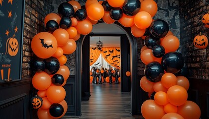 Orange and black balloon arch framing the entrance to a Halloween festivity room.