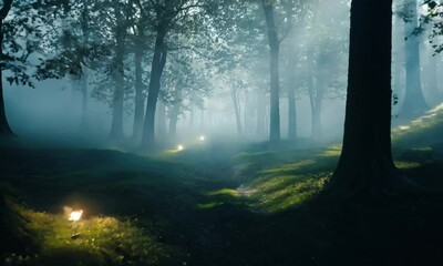 Flickering lights appear between the trees like the ethereal forms of the ancestors guiding lost souls through the grove  video