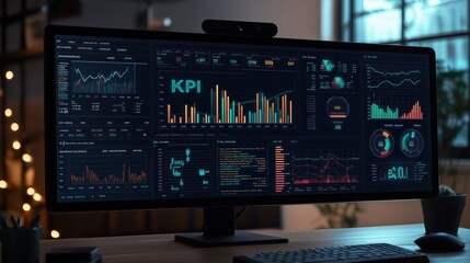 Poster - modern kpi dashboard displaying key performance indicators on a computer screen in a dimly lit offic