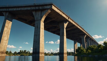 Wide-angle view of a concrete bridge spanning over a tranquil river.