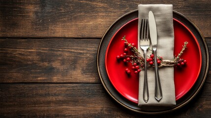 Happy Thanksgiving Day. Festive Empty plate and autumn leaves on a rustic wooden table and space for text on wood background,