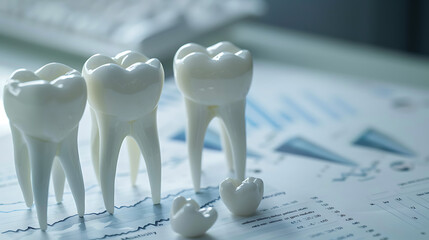 two model teeth placed on top of a graph and chart. This suggests a dental or medical analysis context, likely for educational or illustrative purposes in dentistry