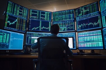Poster - Trader analyzing financial market trends at a multi-screen workstation during evening hours