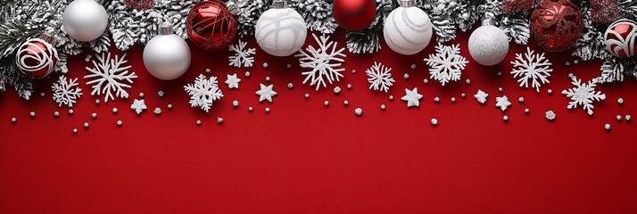 Wall Mural - Christmas background with silver baubles and snowflakes on red background, copy space