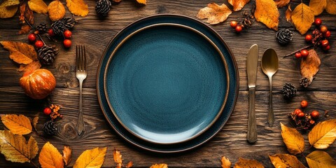 Wall Mural - happy thanksgiving day. festive empty plate and autumn leaves on a rustic wooden table and space for