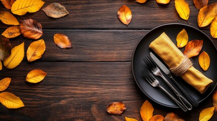 Wall Mural - Happy Thanksgiving Day. Festive Empty plate and autumn leaves on a rustic wooden table and space for text on wood background,