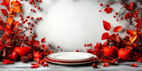 Wall Mural - Happy Thanksgiving Day. Festive Empty plate and autumn leaves on a rustic wooden table and space for text on wood background,