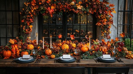 Wall Mural - Happy Thanksgiving Day. Festive Empty plate and autumn leaves on a rustic wooden table and space for text on wood background,