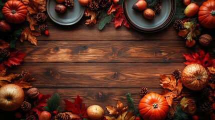 Wall Mural - Happy Thanksgiving Day. Festive Empty plate and autumn leaves on a rustic wooden table and space for text on wood background,
