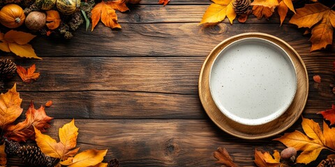 Wall Mural - Happy Thanksgiving Day. Festive Empty plate and autumn leaves on a rustic wooden table and space for text on wood background,